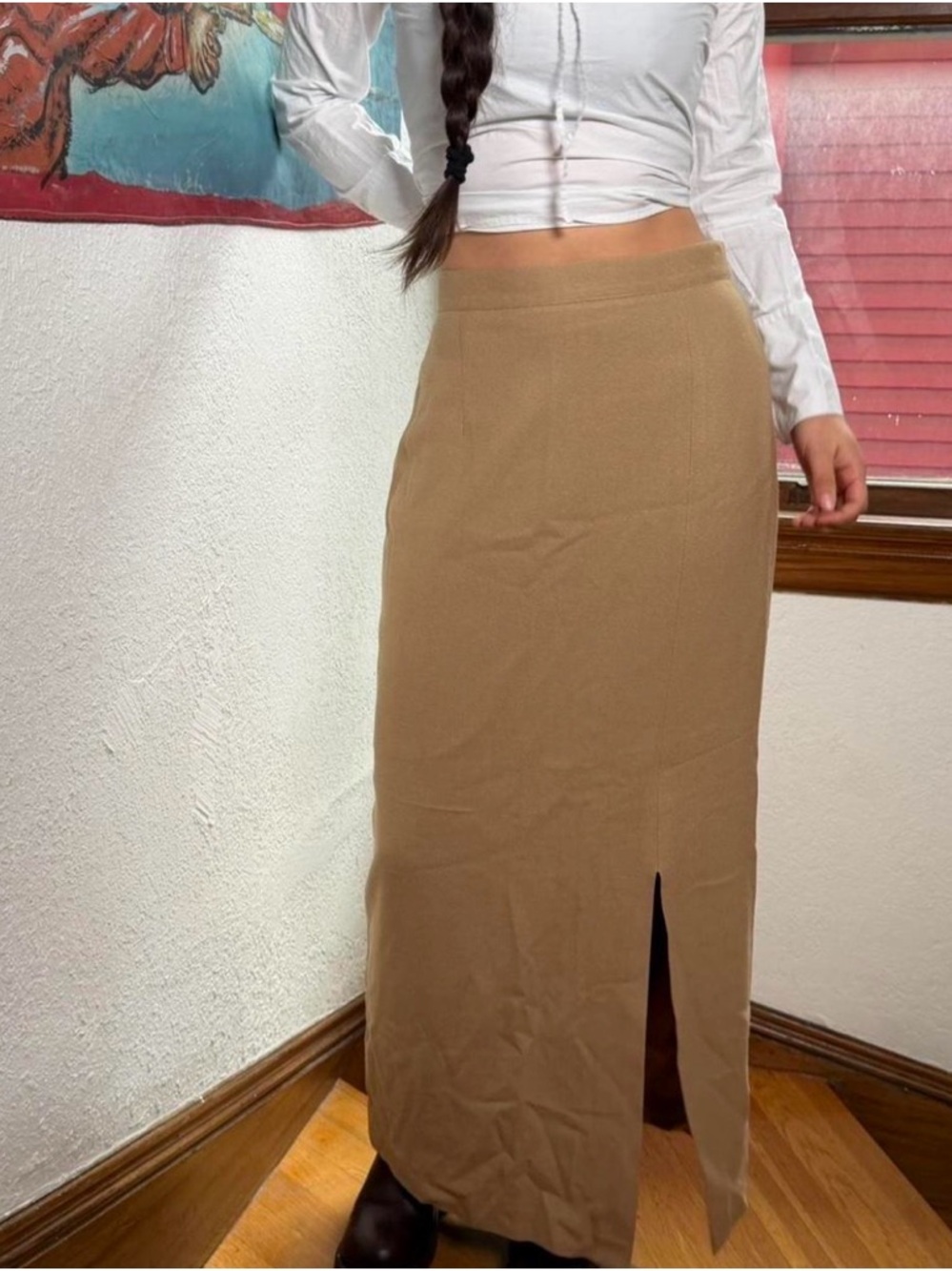 Classic Camel Maxi Skirt with Front Slit by Express